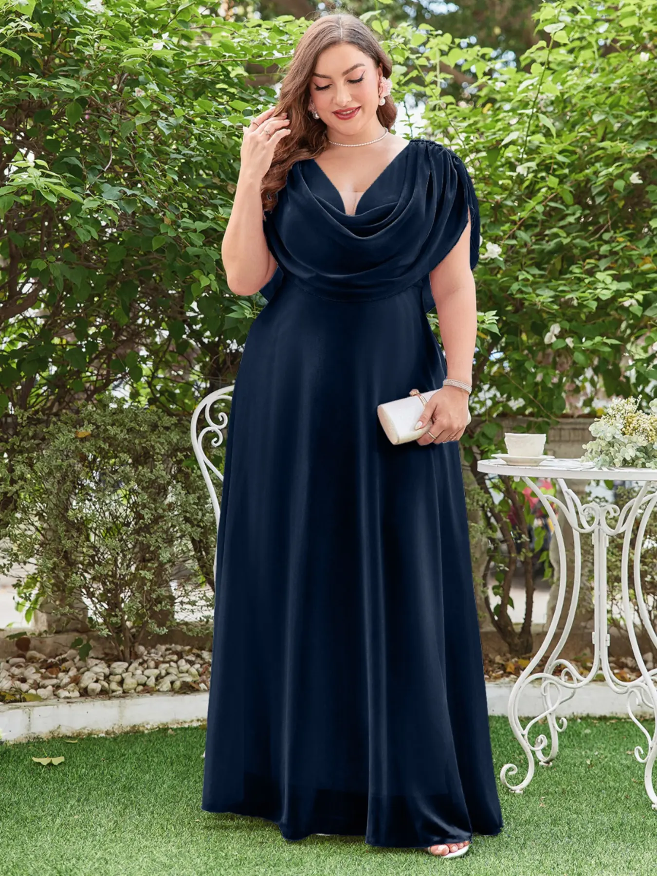 Plus Size Women's Elegant Deep V Neck Waist Cinched Backless Loose Hem Chic Formal Dresses Bridesmaid Dress, Maxi Fitted Short Sleeve Drape Plain Design Womenswear Lady