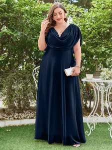 Plus Size Women's Elegant Deep V Neck Waist Cinched Backless Loose Hem Bridesmaid Dress, Maxi Fitted Short Sleeve Drape Plain Design