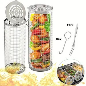 Rolling Grill Baskets  with Key,Fork  Handles,Large Cooking Surface, 304 Stainless Steel BBQ Accessories for Vegetables Shrimp Outdoor Camping Patio Porch Picni Kitchen Birthday EuropeBBQ Gifts for Men Dad Husband - Food