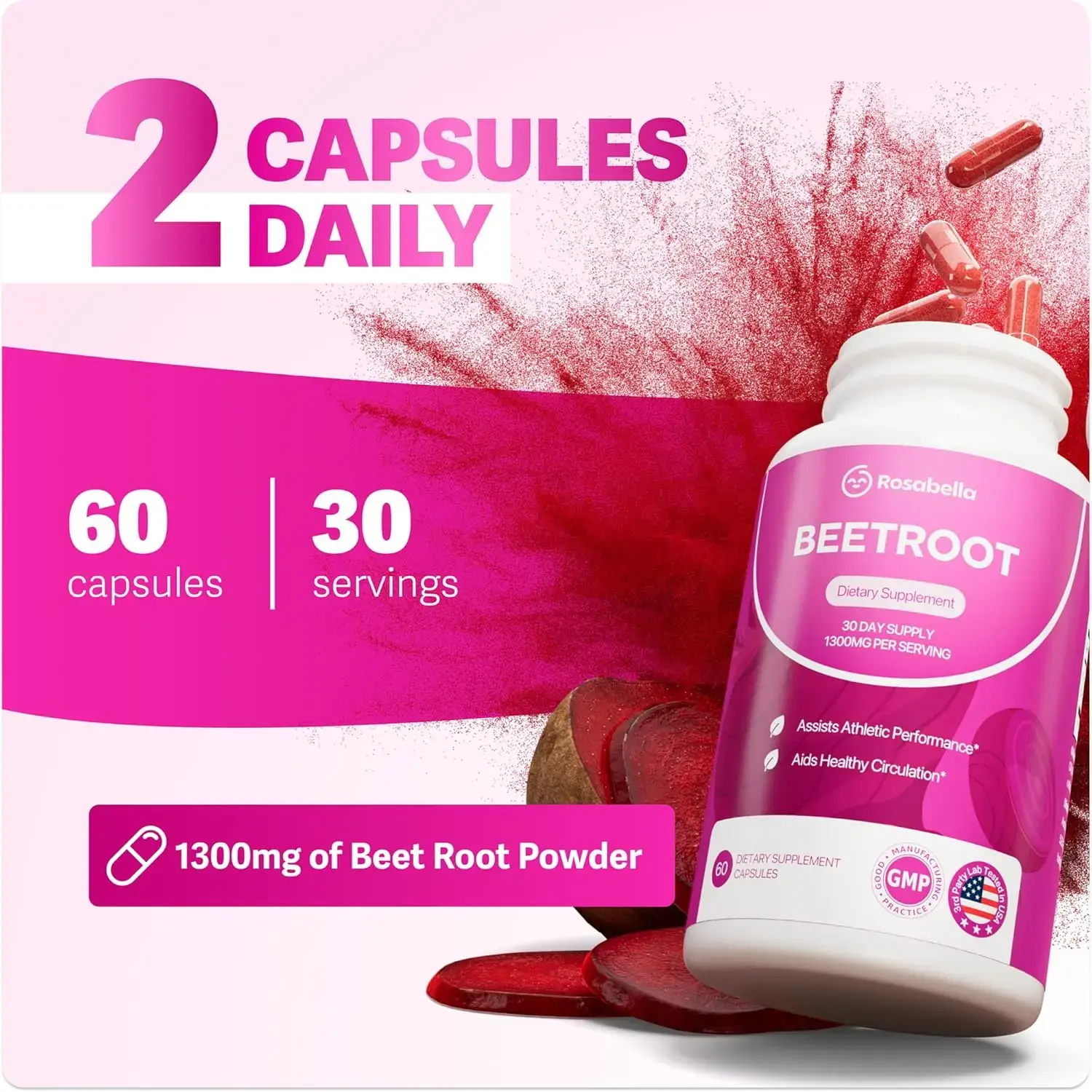 Rosabella Organic Beetroot Capsules (1300mg) for Blood Flow & Heart Health