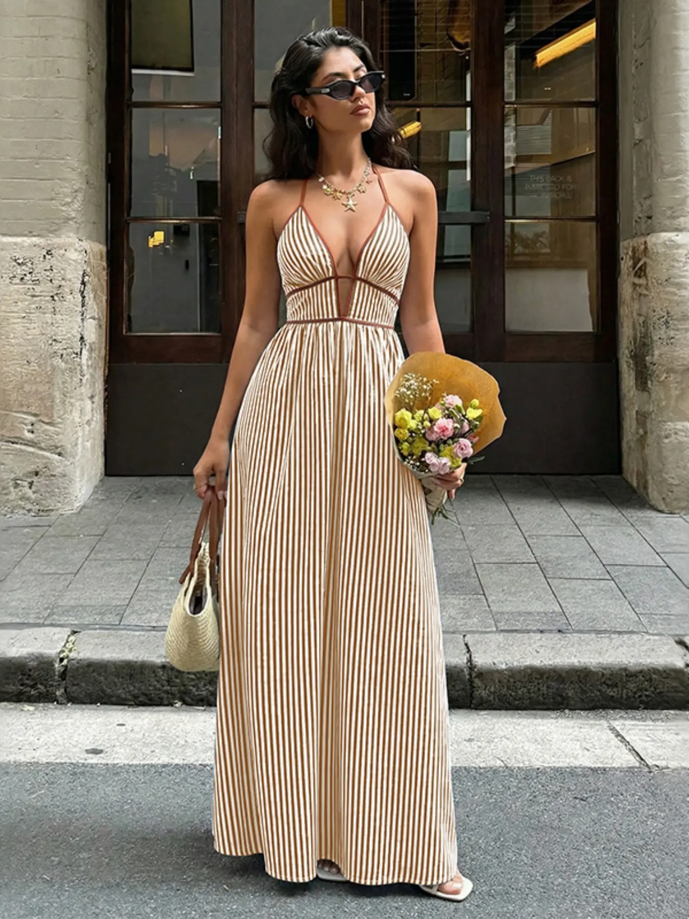 Women's French Vacation Striped Halter Dress with Deep V Neckline, Waist-Cinching Design, Floor-Length Beach Dress - TikTok Shop Women's French Vacation Striped Halter Dress with Deep V Neckline, Waist-Cinching Design, Floor-Length Beach Dress - TikTok Shop