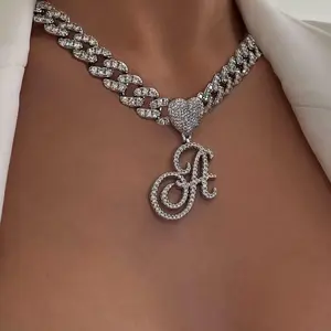 Initial Necklaces Silver Cuban Link Chain for Women Iced Out Chain with Heart Letter Pendants Custom Chain Name Necklace Hip Hop Jewelry Gift