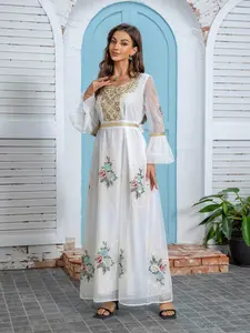 Lace Gold Thread Embroidered Waistcoat Long Robe, Elegant Geometric Design, Loose-Fitting Muslim Evening Dress, Islamic Clothing, All Seasons Wear, Kaftan