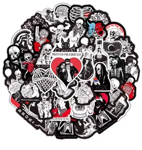 100Pcs Gothic Stickers, Black & White Goth Stickers, Skeleton Skull Stickers, Vinyl Laptop Decals, Water Bottle Stickers