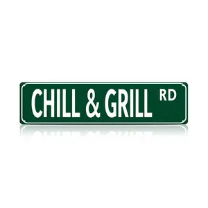 Funny Spanglish Vintage Wall Decor – Humor Metal Sign Wall Art for Porch, Home, Bar, Garden & Patio, Easy-hanging Outdoor Decoration, Christmas Gift Family Wall Decor Regular Stop Sign | CHILL & GRILL RD Street Sign (1pc 4×16in / 10×40cm)
