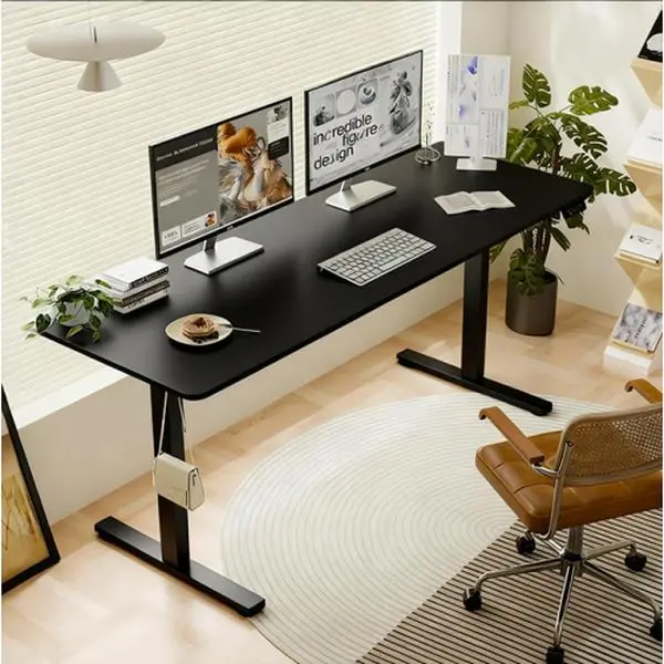 Sturdy 55×24 In Adjustable Black Electric Sit Stand Desk with T-Shaped Base - Home Office Ergonomic Desktop, 27-45 In Height Adjustment, 4 Memory Presets, 20W Fast Charge, Desks for Gaming & Study Use, Ample Monitor Space, Cable Hole