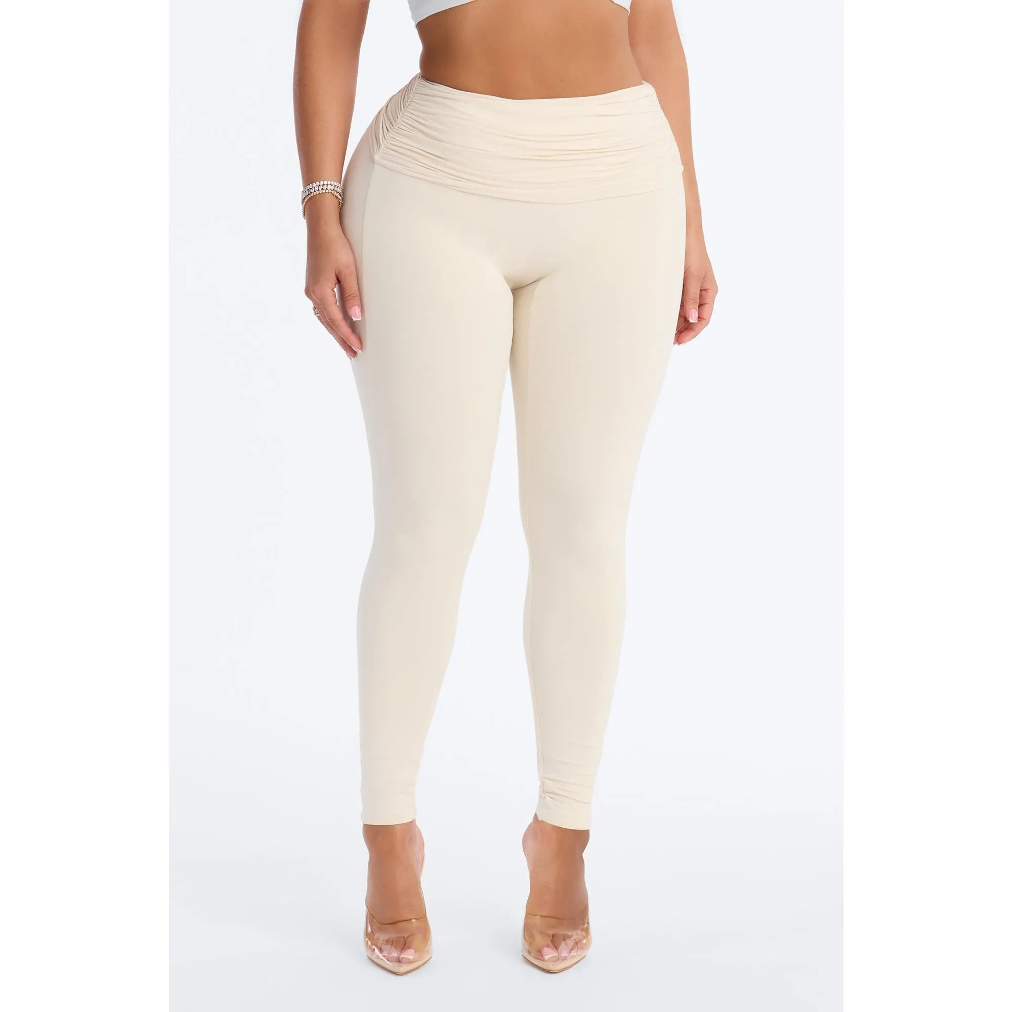 Second Skin Double Lined Ruched Foldover Leggings - Bone