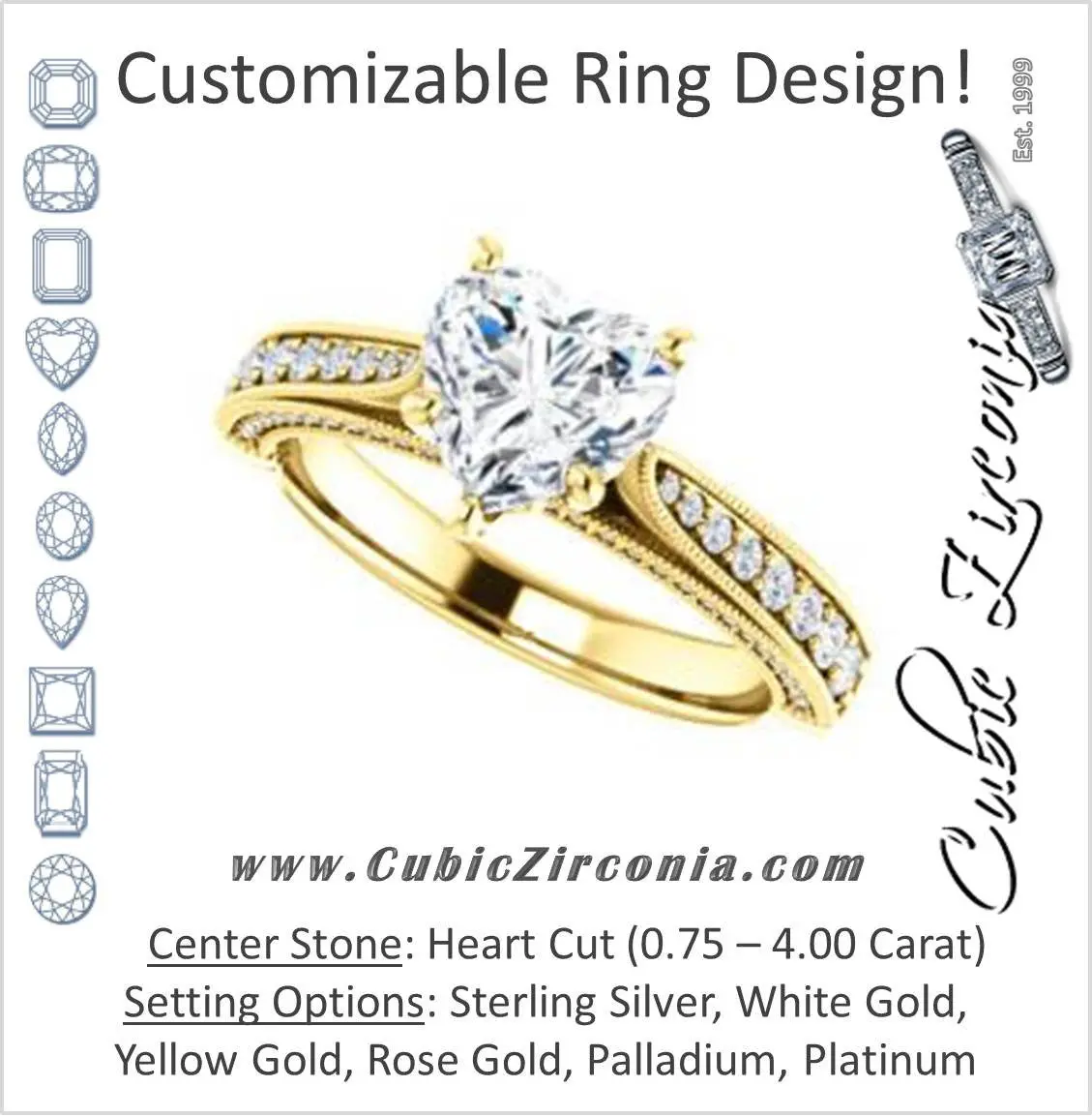 Cubic Zirconia Engagement Ring- The Claudia Jeanine (Customizable Heart Cut Three Sided Band)