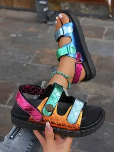 Women's Summer Sandals, New Large Size Slip-Ons, Thick Sole Buckle Strap, Plain Color European Style, Casual Beach Slippers
