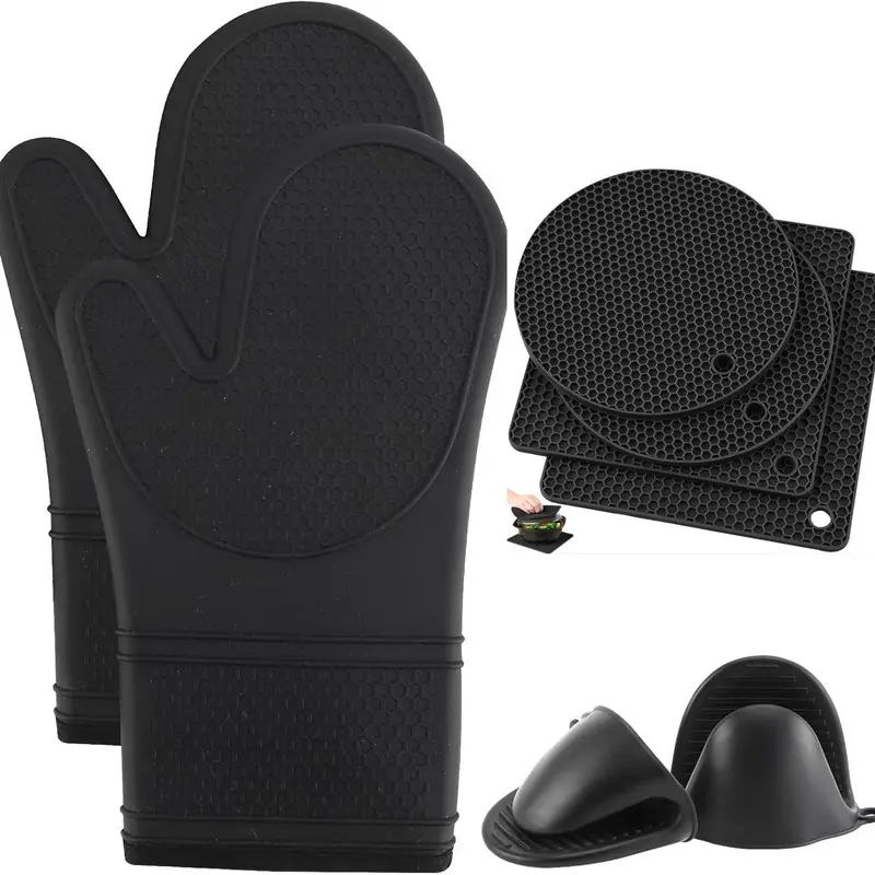 Silicone Baking Set, 8 Counts/set Including 2 Counts Oven Mitts & 2 Counts Clip Gloves & 4 Counts Multifunctional Pot Holder, Kitchen Baking Accessories, Bakeware Kitchenware Home