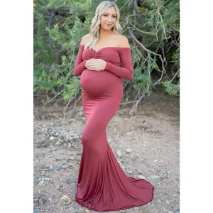 Long-Sleeve Baby Shower Maternity Gown with Mini Train