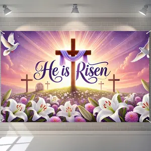 1pc of Polyester for Easter, Measuring 70.86 by 43.3 Inches, Featuring a Design with 'He Is Risen' And Lilies. This Inspirational Christian Wall Decoration Is Suitable for Both Home And Outdoor Use, Perfect for Religious Events, Parties