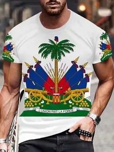 Men's 3D Digital Printed T-Shirt with Haiti Flag Design, Casual Menswear Short Sleeve Round Neck Tee, Breathable Fitted T-Shirt for Everyday Wear, Clothes