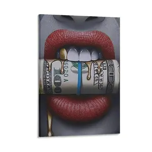 Red Lips Bite Money Women Sexy Red Lip Poster Poster Canvas Wall Art For Bedroom Decor Bar Office Room Decor Gift