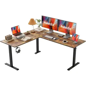 L Shaped Standing Desk Adjustable Height, Electric Corner Standing Desk, 63 x 55 inch Sit Stand Computer Table with Splice Board, Rustic Brown