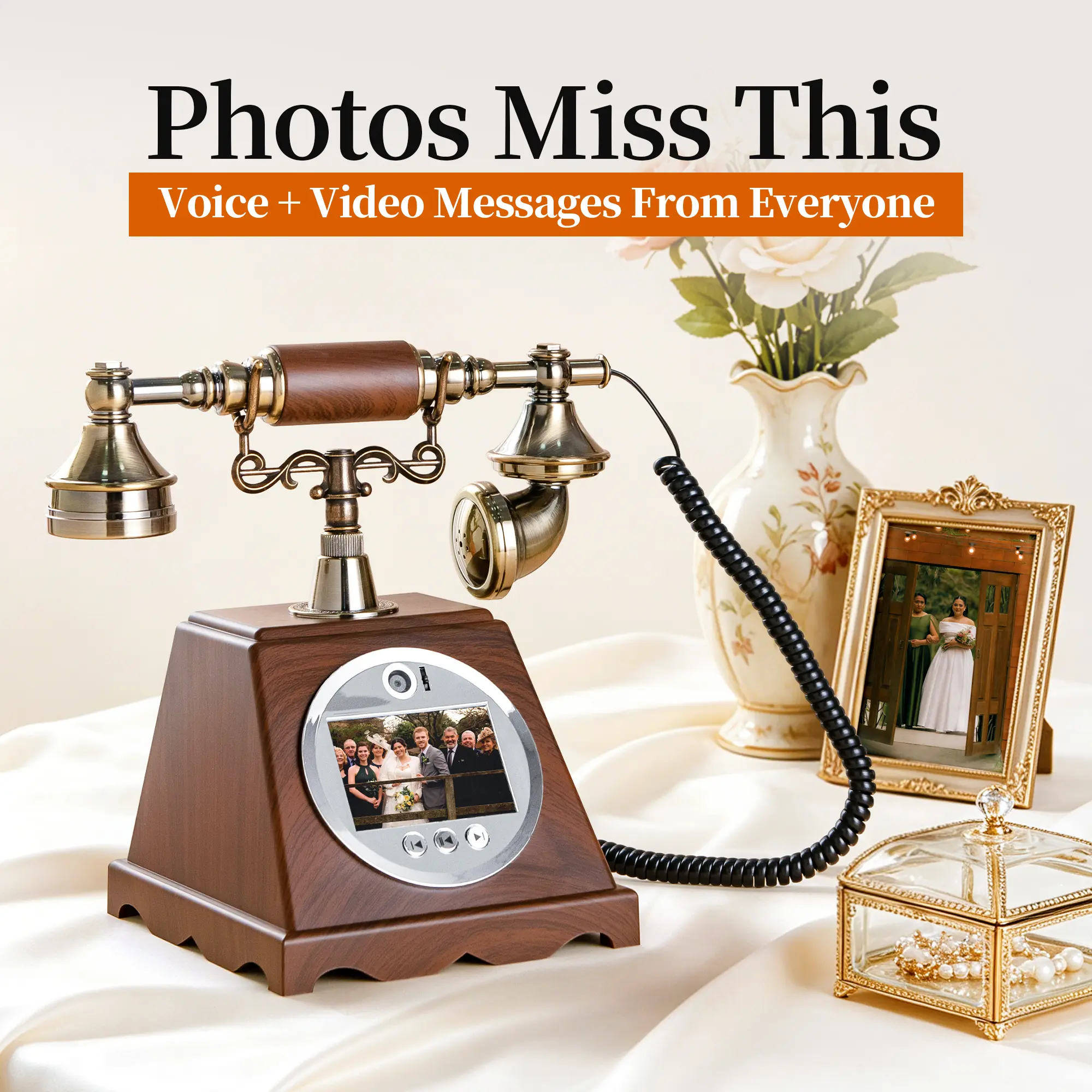 Video guestbook, retro video message machine, suitable for weddings, anniversaries, and party events, supports USB export and transfer, rechargeable battery, comes with a 32GB memory card, video playback device, photo-taking