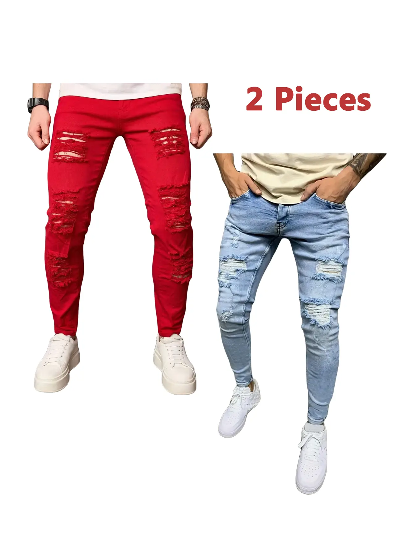 Men's 2-Piece Distressed Denim Ripped Jeans Set - Plain, Casual, Classic Skinny Fit Denim Pants, Breathable Casual Men's Clothes for Summer (Red & Blue), Distressed Denim Style