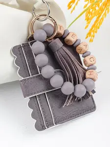 Teacher Card Holder Wristlet, Silicone Beaded Keychain with Teach Wooden Beads, PU Leather Scalloped Edge, Perfect Teacher Gift, Stylish Keychain, Stylish Keyring