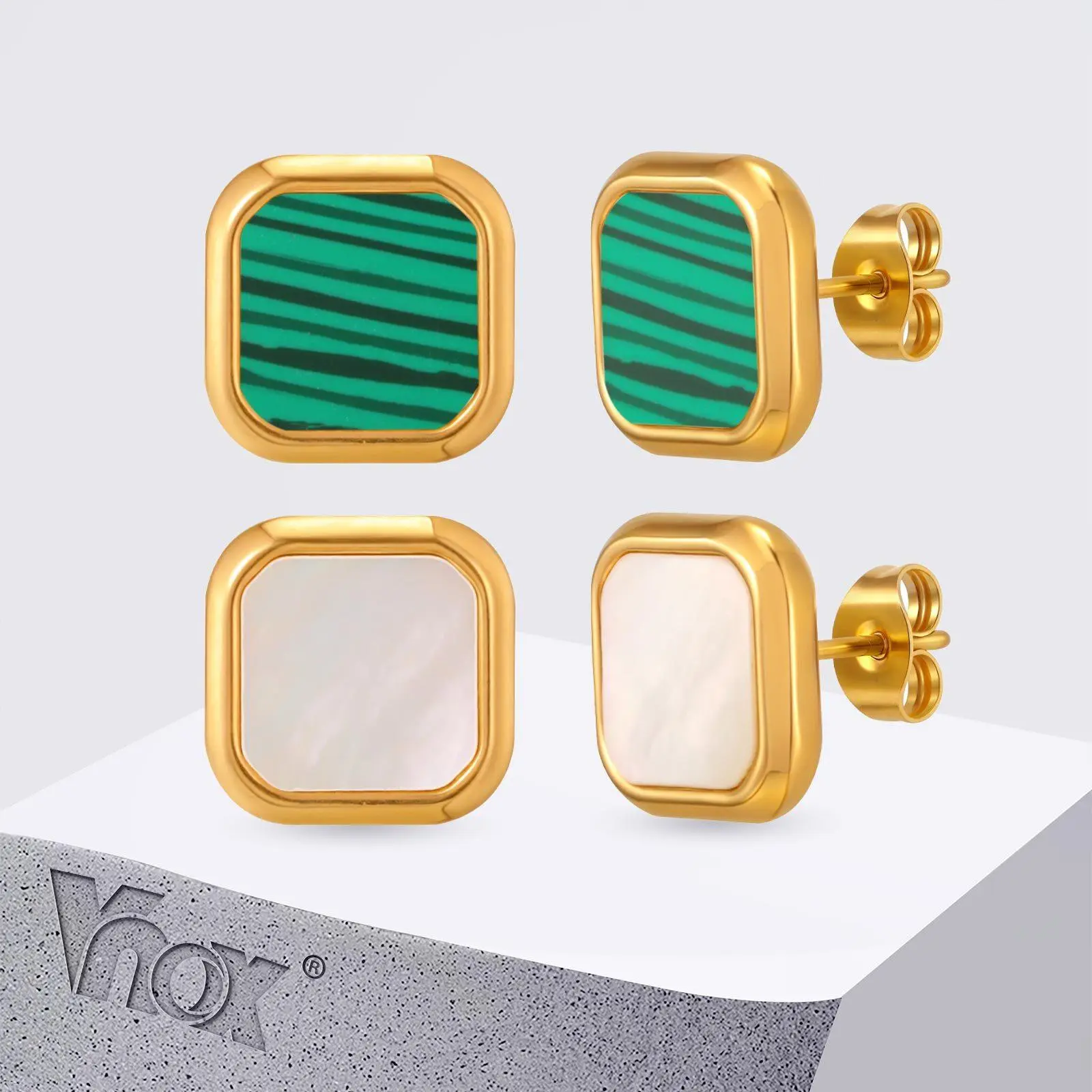Vnox Square White S Green Stripe Stud Earrings, Waterproof Stainless Steel Fashion Jewelry, 12mm Wide Gold Plated Earrings
