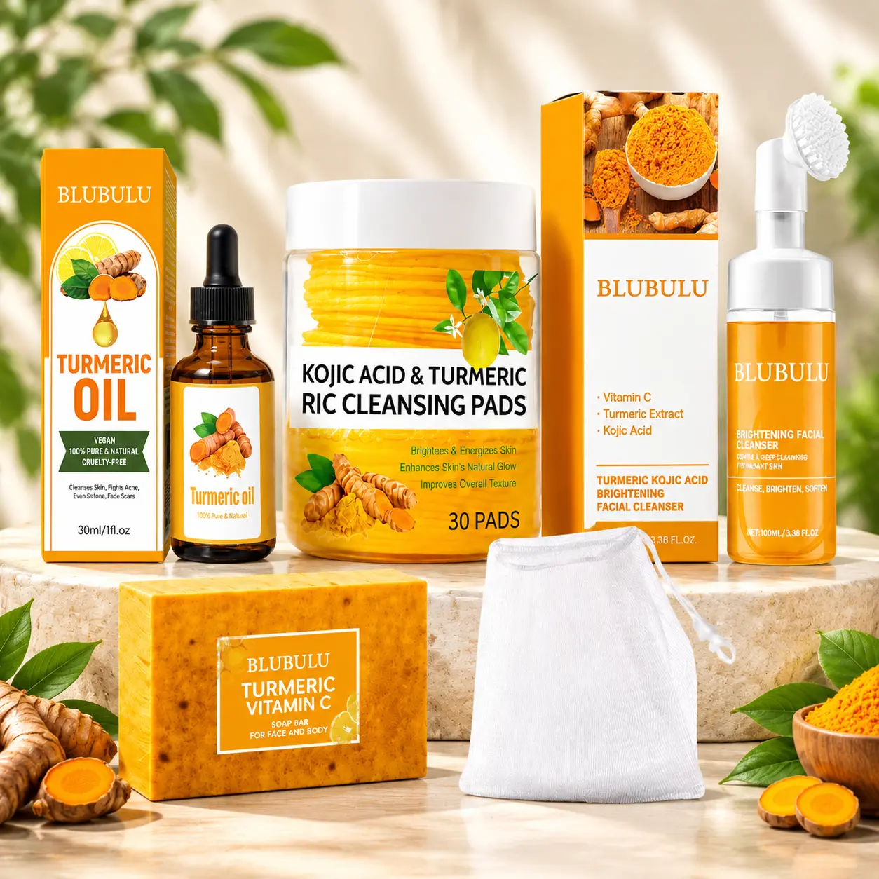 Turmeric Blend Double Cleansing Facial Kit - 5-Piece Multiple Items Brightening Cleanser Set for Normal Skin (Bar Soap, Oil, Mousse, 30pcs Cleansing Pads) - Women's Daily Self-Care Beauty Gift for Radiant Glow, Double Cleanse
