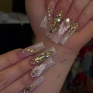 Long Square Fake Nail, 24pcs/set Glossy Luxury Rhinestone Decor Fake Nail with Tools, Glittering Fake Nails, Press on Nails for Women & Girls DIY Nail Art Flower Design Nails