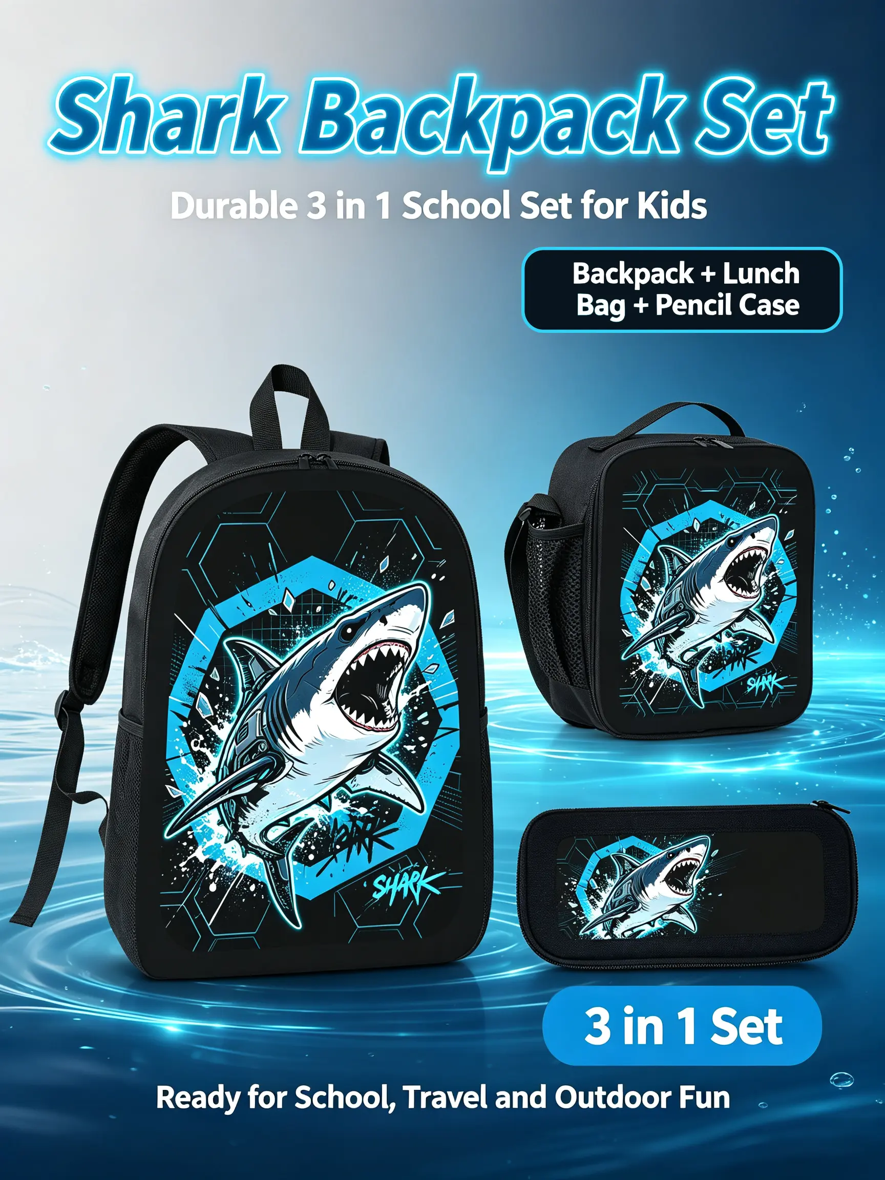 3-Piece Shark Backpack Set for Boys - Cool Blue Shark School Bag with Lunch Tote and Pencil Case, Lightweight Casual Daypack for Elementary & Middle School Students