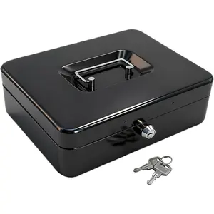 10"  Box with  Tray | Metal  Safe Lock Box Storage with Key for Valuables | Five Compartment  Tray  Drawer | 10.03"x7.79"x3.19" | Black Large