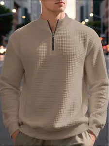 Heavyweight small checkered simple and casual men's loose stand-up collar semi-high collar quarter zipper long-sleeved base layer sweatshirt, warm and soft fabric, suitable for daily casual and outdoor sports occasions,gifts for him boyfriend christmas