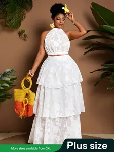 Plus Size Women's Fabric Cut Top & Multi-Layer Ruffle Skirt Set, Holiday Elegant, Comfortable Fit, Stylish Design