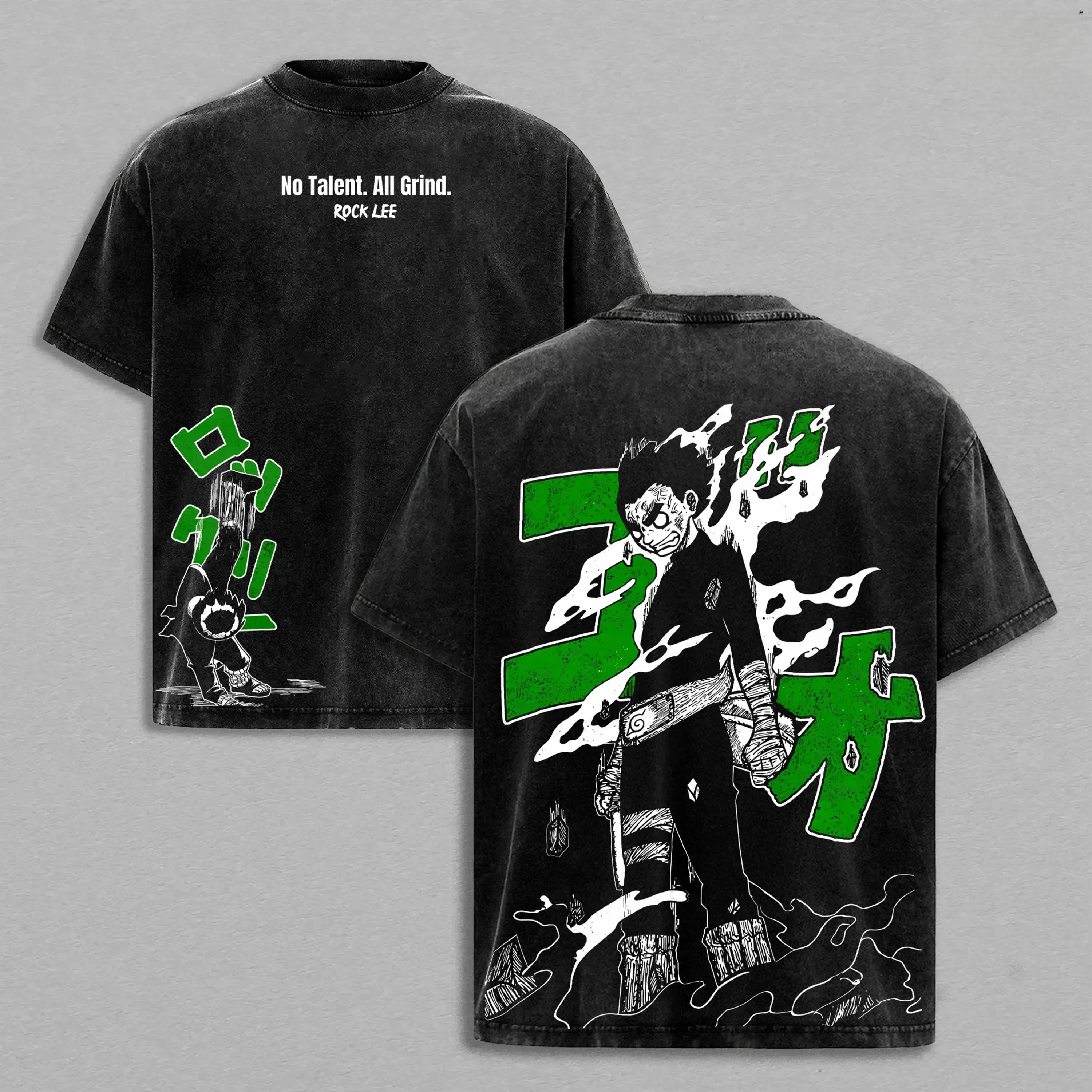 Men's Classic Oversized Washed Heavy Cotton Round Neck Short-Sleeve Graphic T-Shirt - Naruto Anime Rock Lee Merch, Loose-Fit Breathable Casual Streetwear, Vintage Double-Printed Skeleton Multi-Color 100% Cotton Retro Top, Shortsleeve, Menswear
