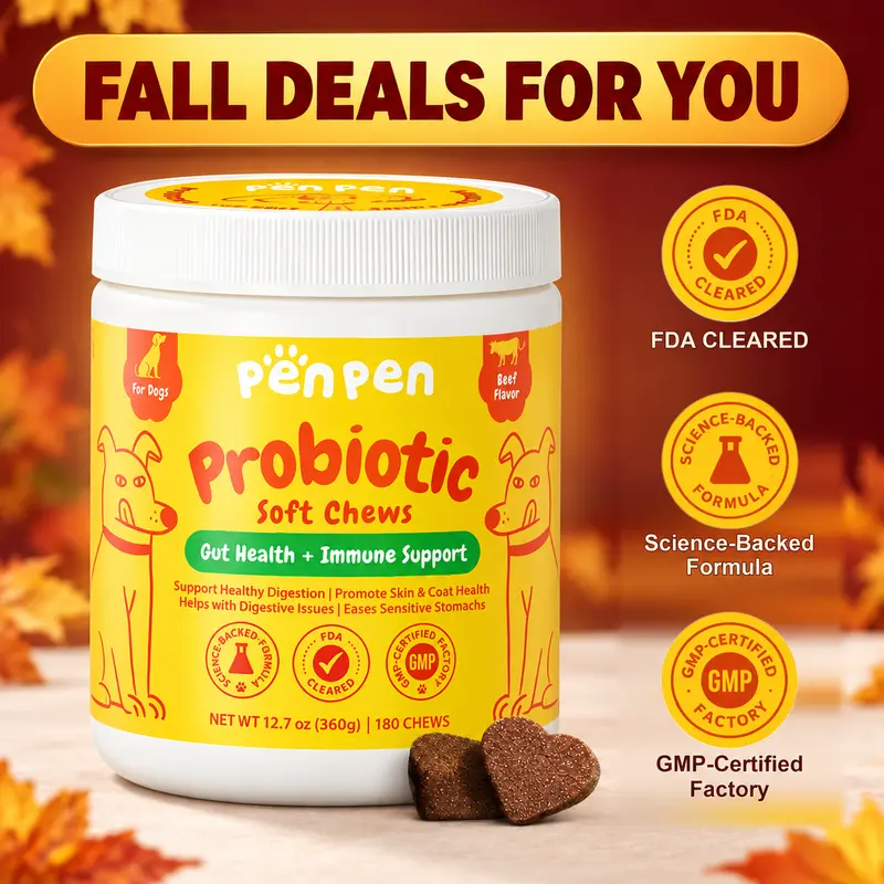 【Fall Deals】PENPEN 6 in 1 Probiotics for Dogs, 3.4 billion CFU probiotic for Digestive Health, Multi-Probiotic and Enzyme Blend Promote Gut Health & Immune Support, Eases Sensitive Stomachs, beef flavor