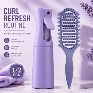Vented Curl Defining Hair Brush & Continuous Mist Spray Bottle Set, Lightweight Detangling Styling Brush for Curly Wet & Dry Hair, Anti-Frizz Volume Comb for Curls, Waves & Blowout Styling, Detangling Hairbrush