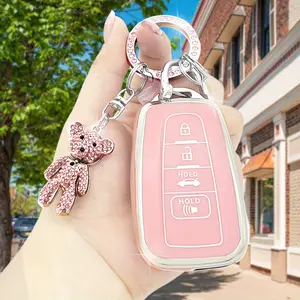 TPU  Key Case Cover with Bling Crystal Bear  for Toyota RAV4 Camry Corolla Avalon C- HR Prius GT86 Highlander-Soft Full Protection  Shell-Stylish Pink  Accessories Gift Bag Car Keychain