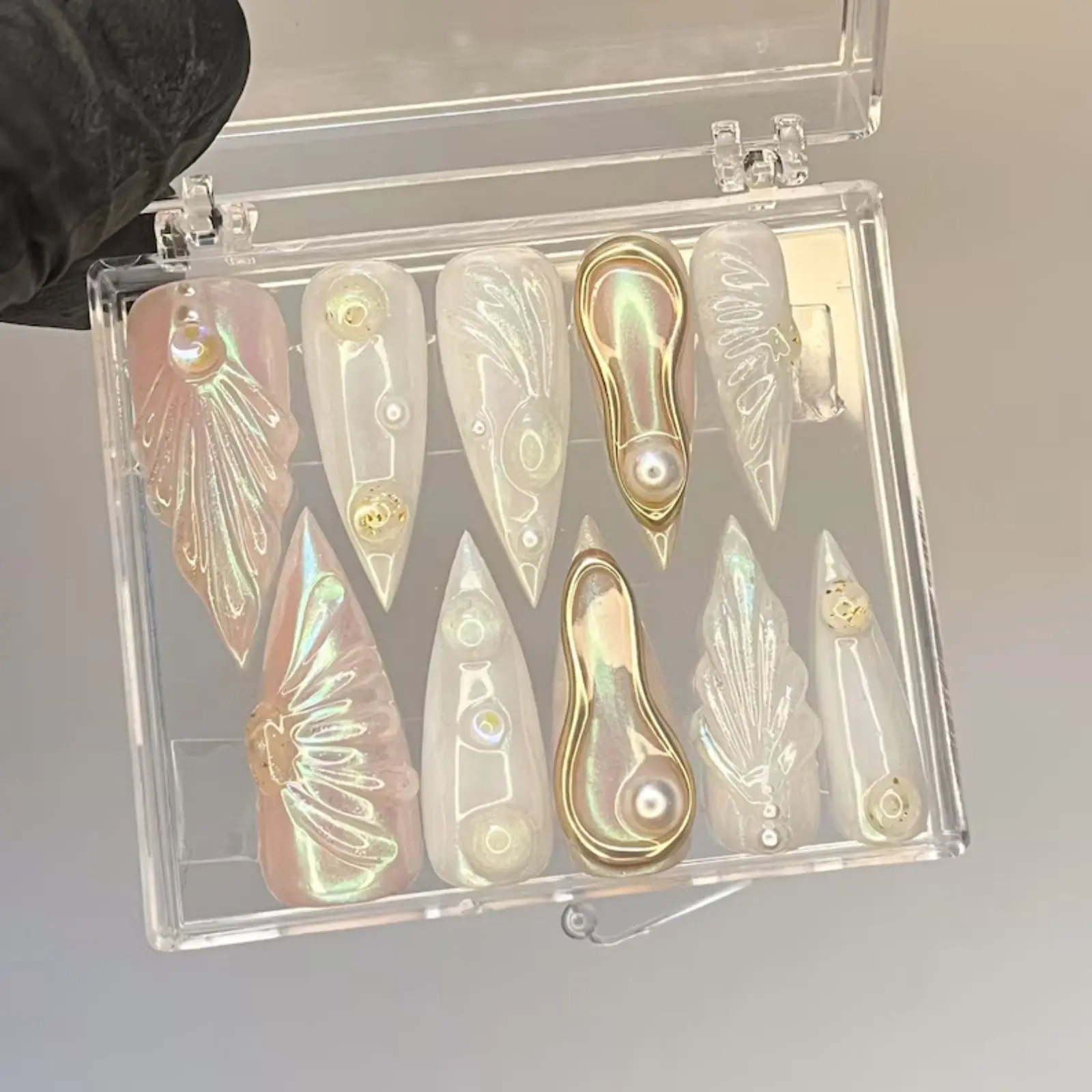 Pearl Iridescent Press On Nails | Handmade 3D Shell Mermaid Nail Set | Gold Chrome Luxury Fake Nails | Long Stiletto Reusable Nails