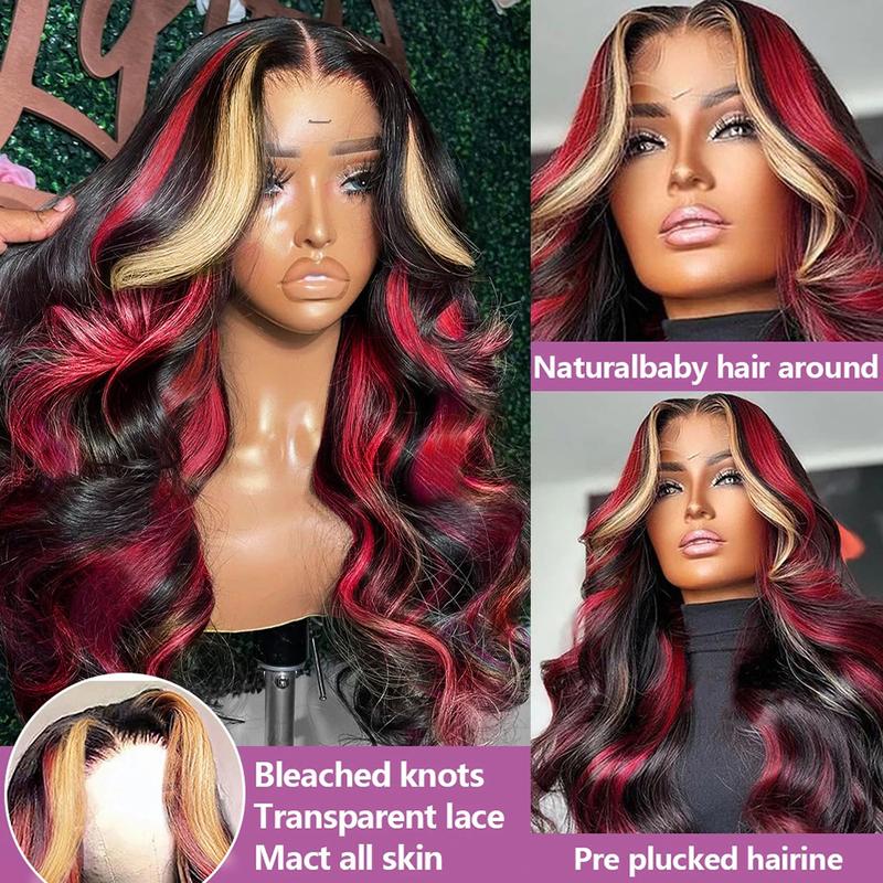 Multi Highlight Red with Blonde Wig Human Hair Burgundy 13x4 Lace Front Wig
