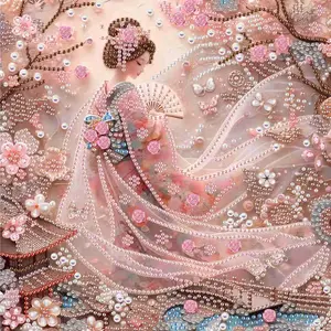5D Full Drill Diamond Painting Kit - Chinese Ancient Beauty in Beaded Floral Gown, Oriental Pearl Art Style, Round Acrylic Diamonds, Round Acrylic Gems, Oriental DIY Art for Home Wall Decor, Gift for Oriental Aesthetics Fans & Craft Enthusiasts