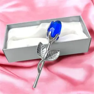 Luxury Red Blue Crystal Rose Handheld Decor Duo Silver Plated Floral Ornament Eternal Love Keepsake Gift