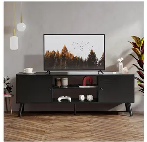 Mid-Century Modern Wooden TV Stand for 55-60” TVs, 2 Storage Cabinets, Adjustable Shelf, Cable Management, Sturdy Legs, Easy Assembly, Black