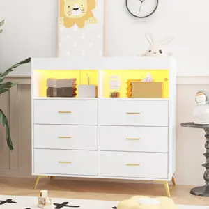 Changing Table Dresser with Drawers - Baby Organizer with LED Light, Power Outlet & Metal Feet, Diaper Changing Station for Infants, White