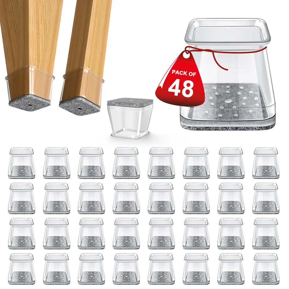Square Chair Leg Protectors for Hardwood & Tile Floors, Clear Silicone Furniture Pads with Felt, Non-Slip Rubber Chair Leg Caps Sliders, L Size (Fit 1"-1.42")
