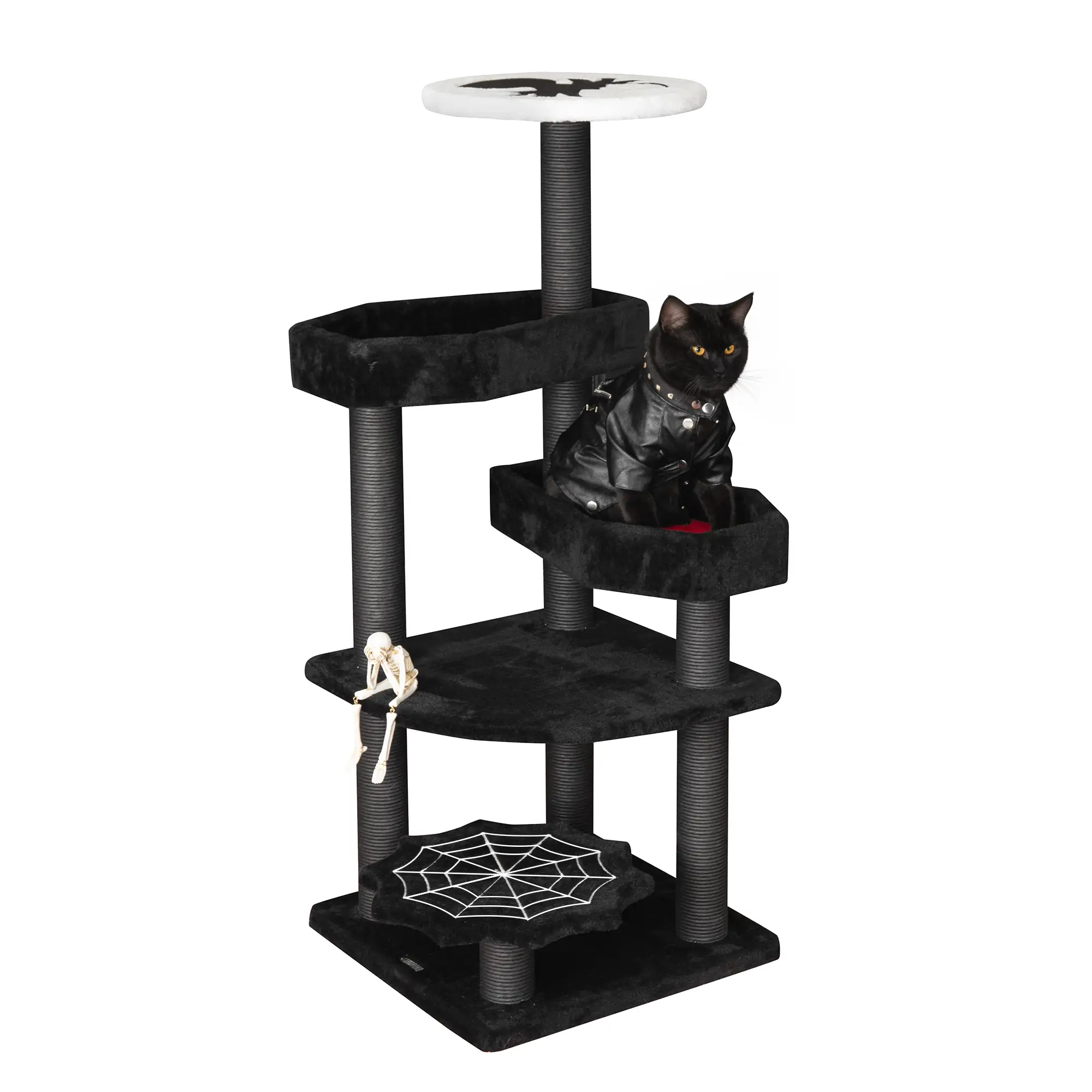 RIWENGO （34”-88.6″ ）Gothic Cat Tree/Tower with Coffin Bed, Halloween Cat Tree, A Broad Base,Plush Cat Scratching Post, Indoor, Black and Red