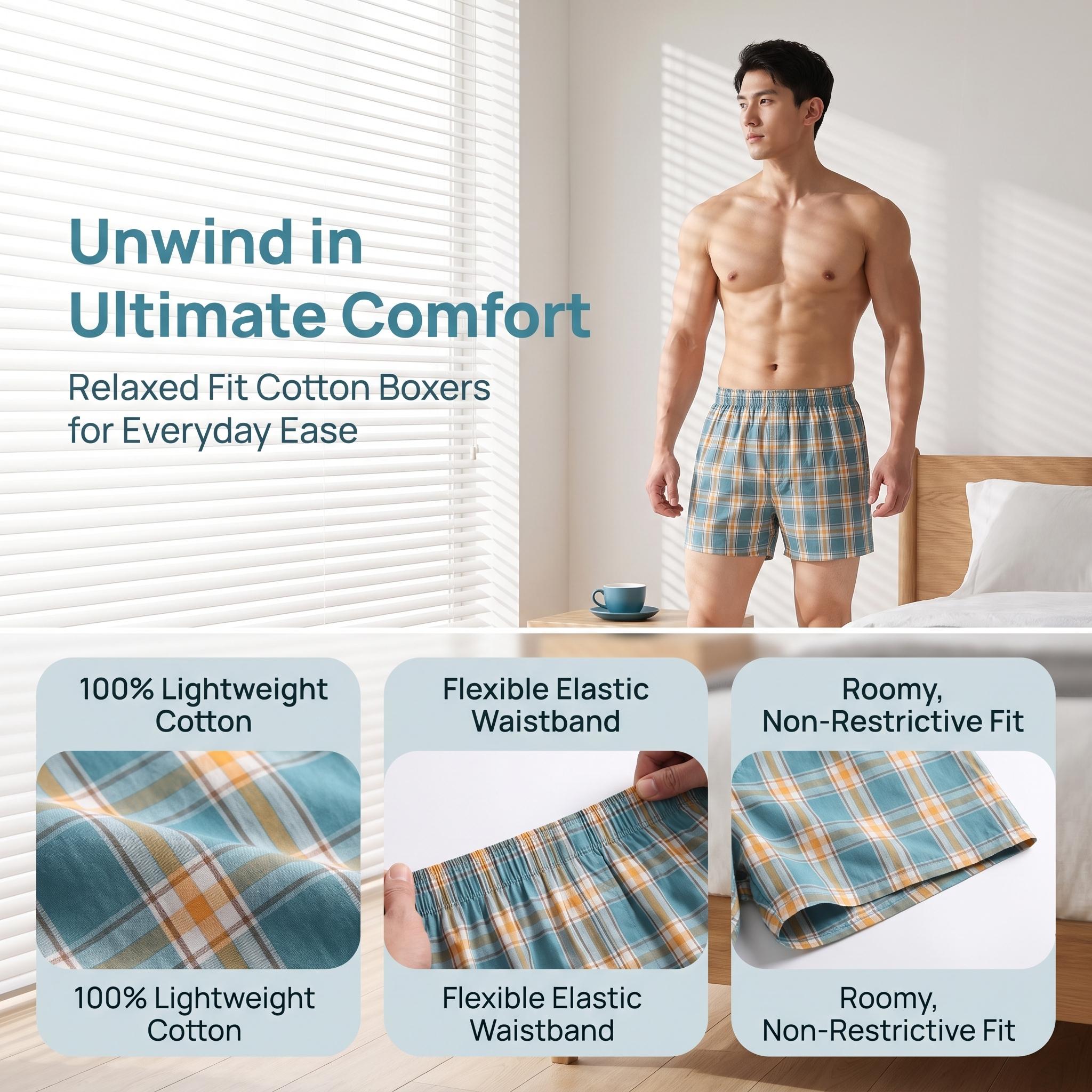 SEOBEAN Men's 3Pack/1Pack 100% Cotton Checked Plaid Boxer Shorts, Soft Loose Casual Breathable Menswear Underwear with Elastic Waist for Sleep, Lounge-220508, Set