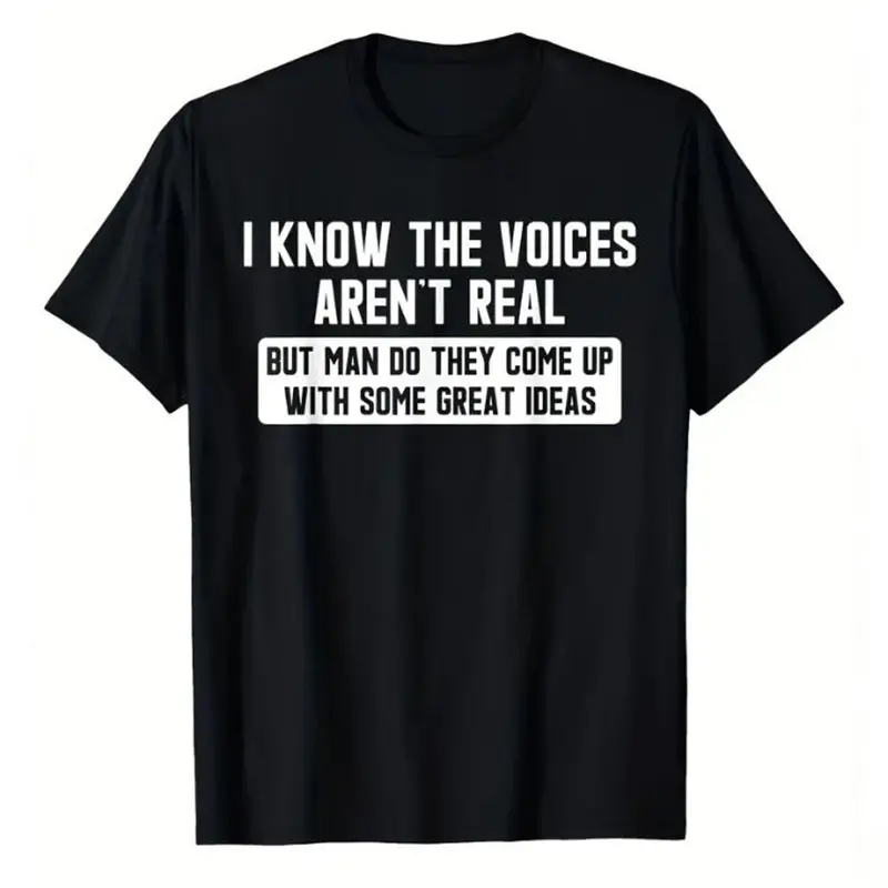 Men'S Plus Size Schizophrenia Awareness T-Shirt - I Know The Voices Aren'T Real Funny Retro Psychotic Humor Tee, Plus Size L-XXXL, Black White Crew Neck Casual Top with Slogan, Machine Washabsummer Essential, Perfect for Gifting