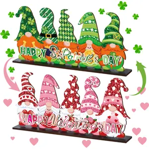 Valentine's Day & St. Patrick's Day Decorations, Reversible Gnome Wooden Table Sign, Love & Luck Double Sided Valentines St. Paddys Day Theme Wooden Standing Blocks Desk Decor Irish Farmhouse Style Centerpiece for Home Office Dinng Table Shelf Tiered Tray