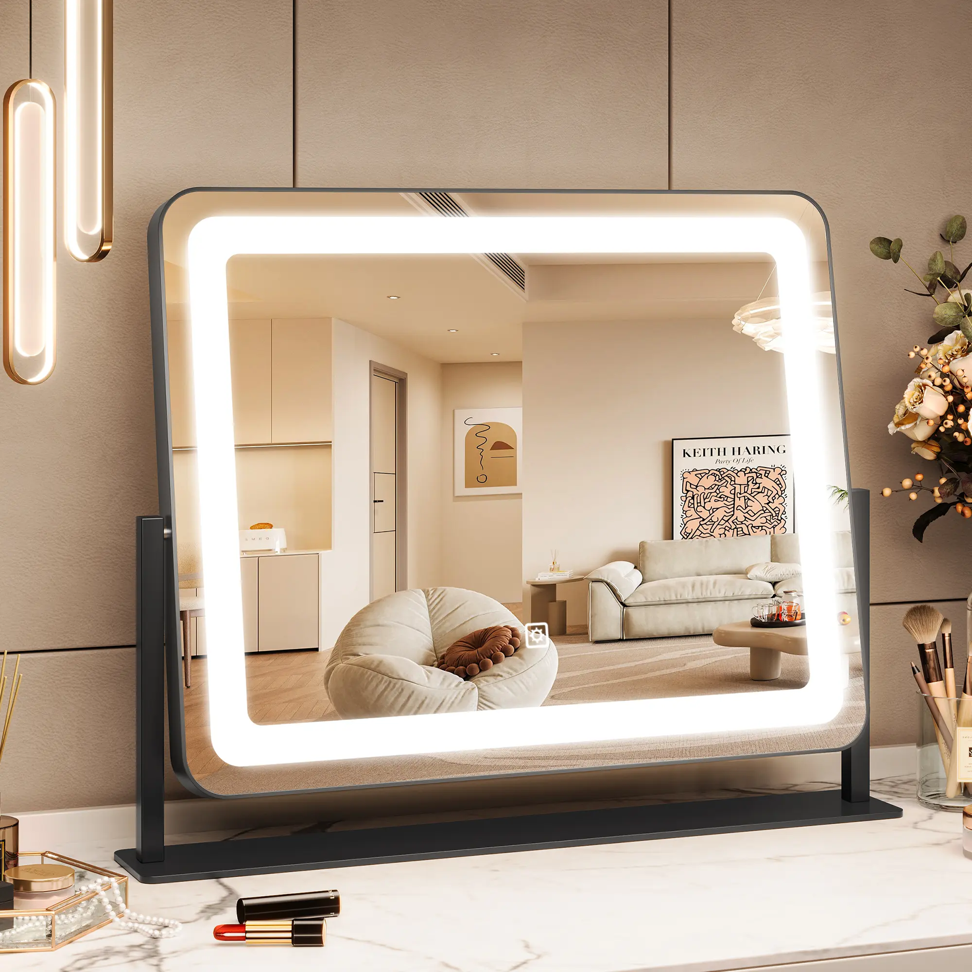 Vanity Mirror with Lights, 19.7"x17.5" Touch Screen LED Mirror, 3 Lighting Modes for Makeup/Skincare, Adjustable Tabletop Mirror for Bedroom/Bathroom Decor, Black