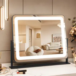 Vanity Mirror with Lights, 19.7"x17.5" Touch Screen LED Mirror, 3 Lighting Modes for Makeup/Skincare, Adjustable Tabletop Mirror for Bedroom/Bathroom Decor, Black