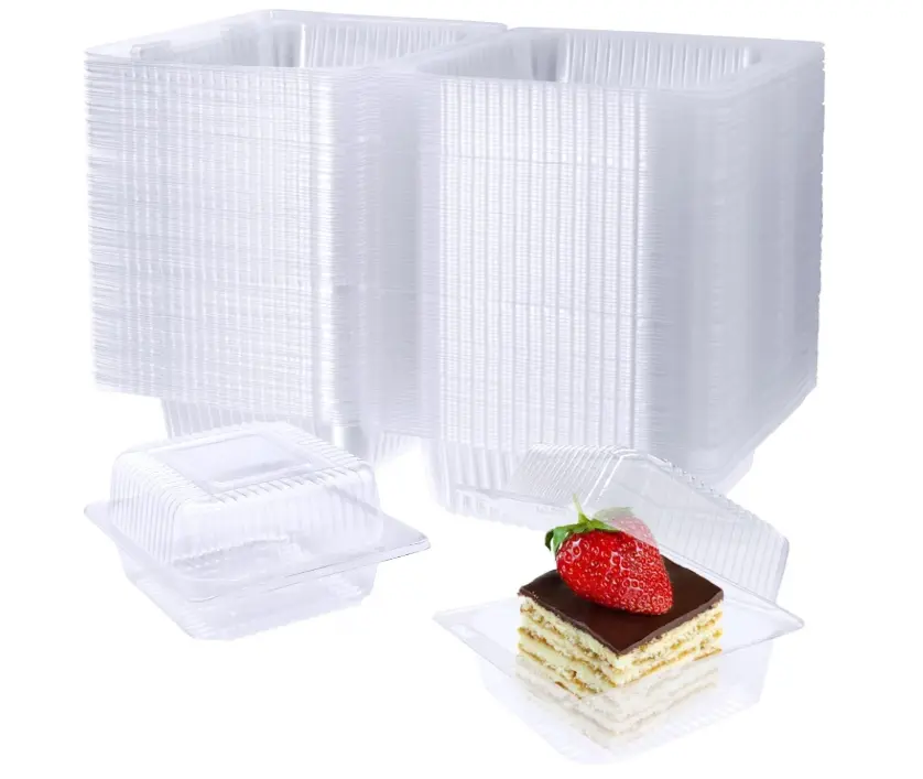 100 Pack Clear Plastic Square Hinged Food Container,Disposable Plastic To Go Containers with Clear Lids,Cake Slice Containers Clamshell Takeout Tray for Pastry,Salad,Dessert(5.1"x 4.7"x 2.8")