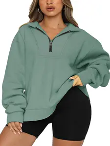 2024 Women's Oversized Pullover with Long Sleeves Plus Size Sports Shirt, Shoulder Length, Half Zippered Hoodie
