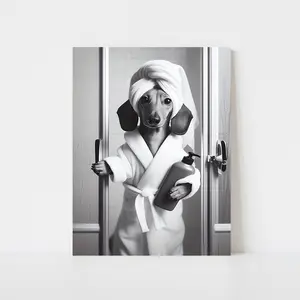 1pc Waterproof Wooden Framed Canvas Painting Funny Dachshund Bath Canvas Art for Bedroom, Living Room, Office, Gallery Decoration, 11.8x15.7 Inch