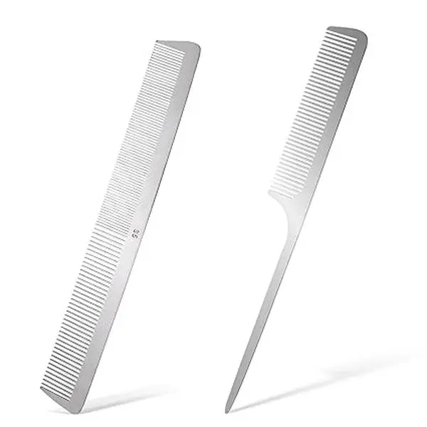 Barber 2 Pcs Multi Functional Hair Styling Accessories Set - Professional Rat Tail Comb, Durable Stainless Steel Tool with Metal Pick and Flat Top, Hair Stylist, Adult, Unisex, Multifunctional, Barbers, Flat-Top Tip, Haircare, Hair Tools